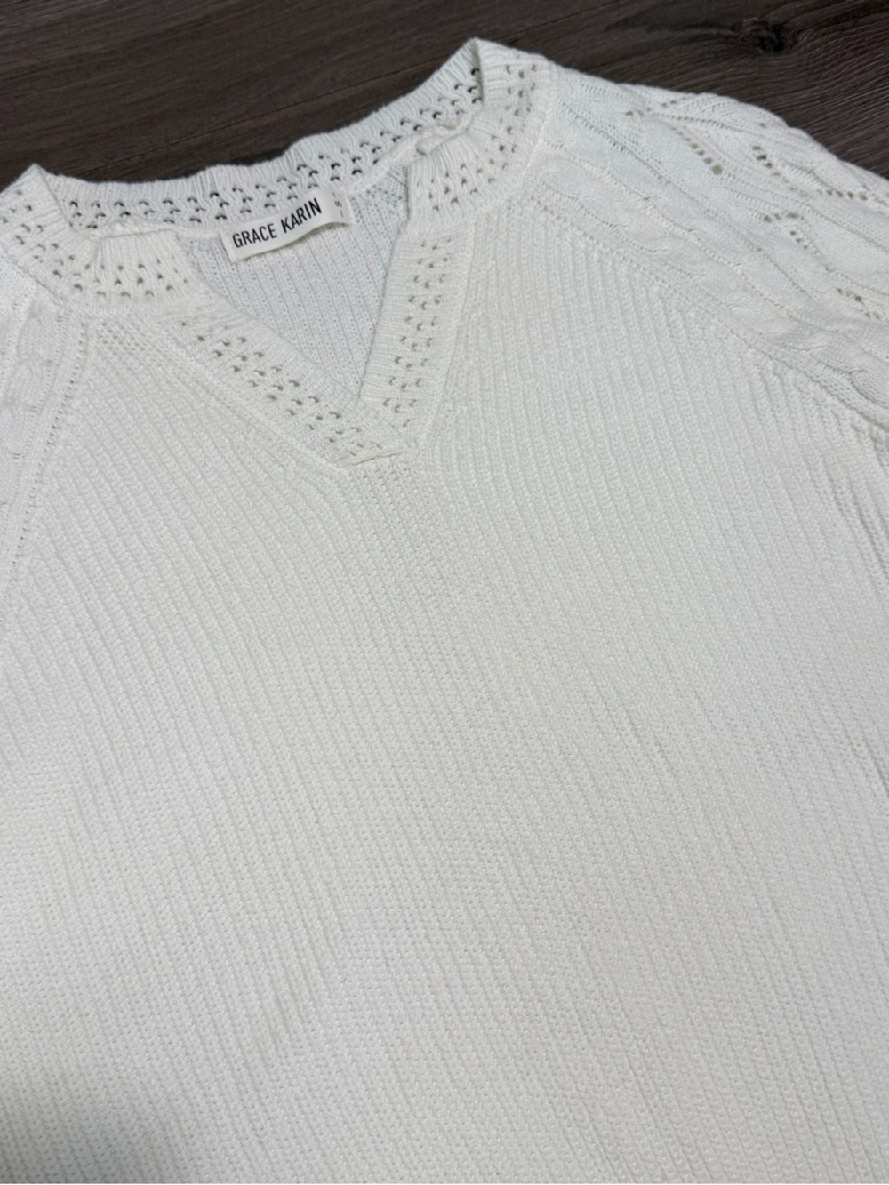 Grace Karin White Cable-Knit V-Neck Sweater- NEW - Picture 2 of 6